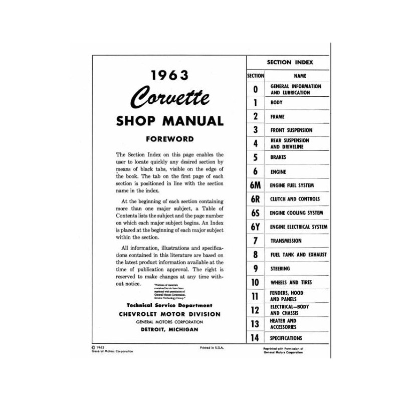 Manuel de réparation pour Corvette de 1963