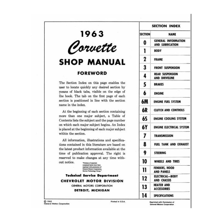 Manuel de réparation pour Corvette de 1963