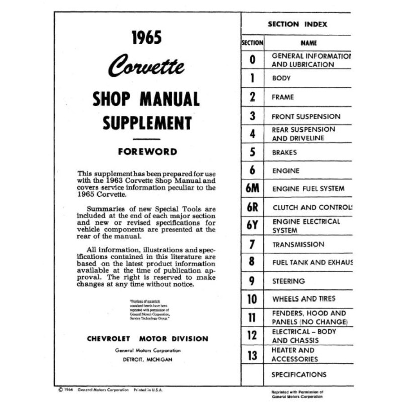 Supplément manuel de réparation pour Corvette de 1965