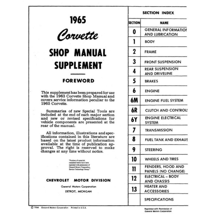 Supplément manuel de réparation pour Corvette de 1965