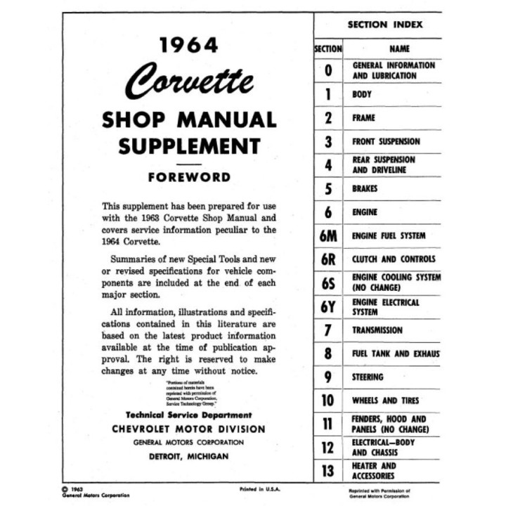 Supplément manuel de réparation pour Corvette de 1964
