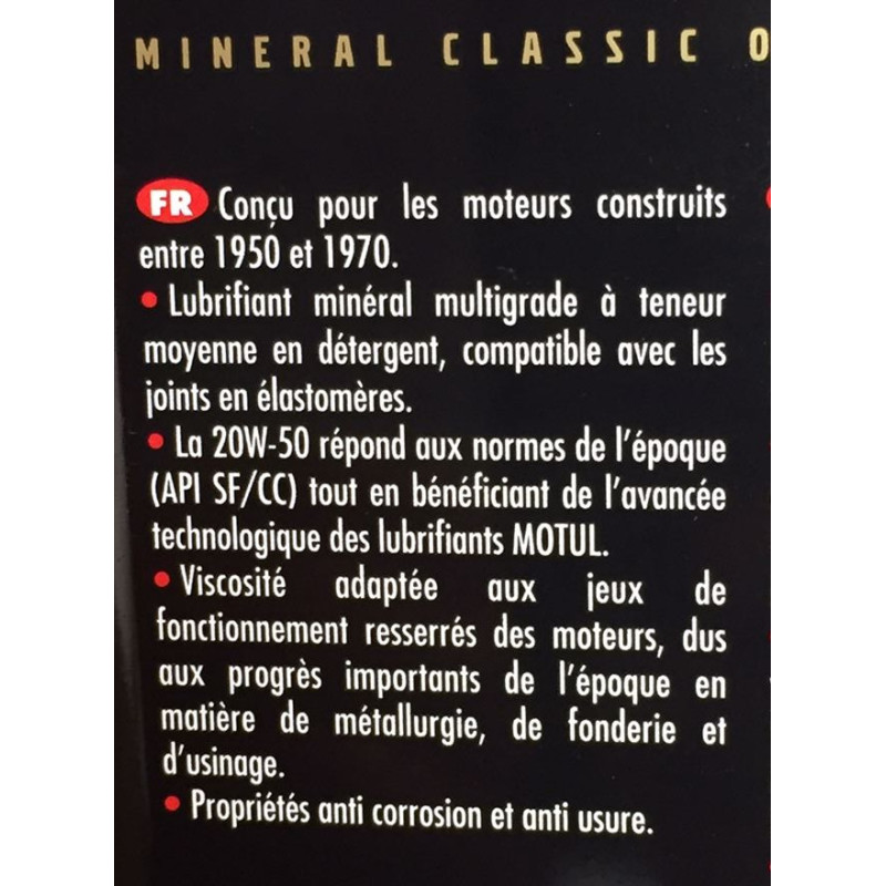 Huile moteur 20W50 minérale, Mustang 64 à 73