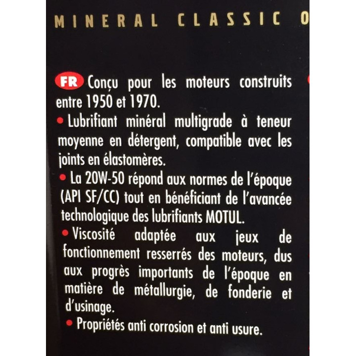 Huile moteur 20W50 minérale, Mustang 64 à 73